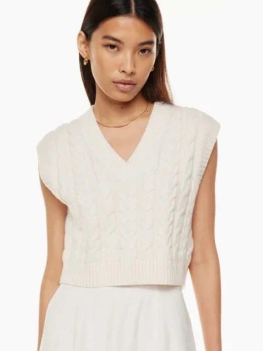 Sunday Best Cream Cable Knit V-Neck Sweater Vest Merino Wool Blend